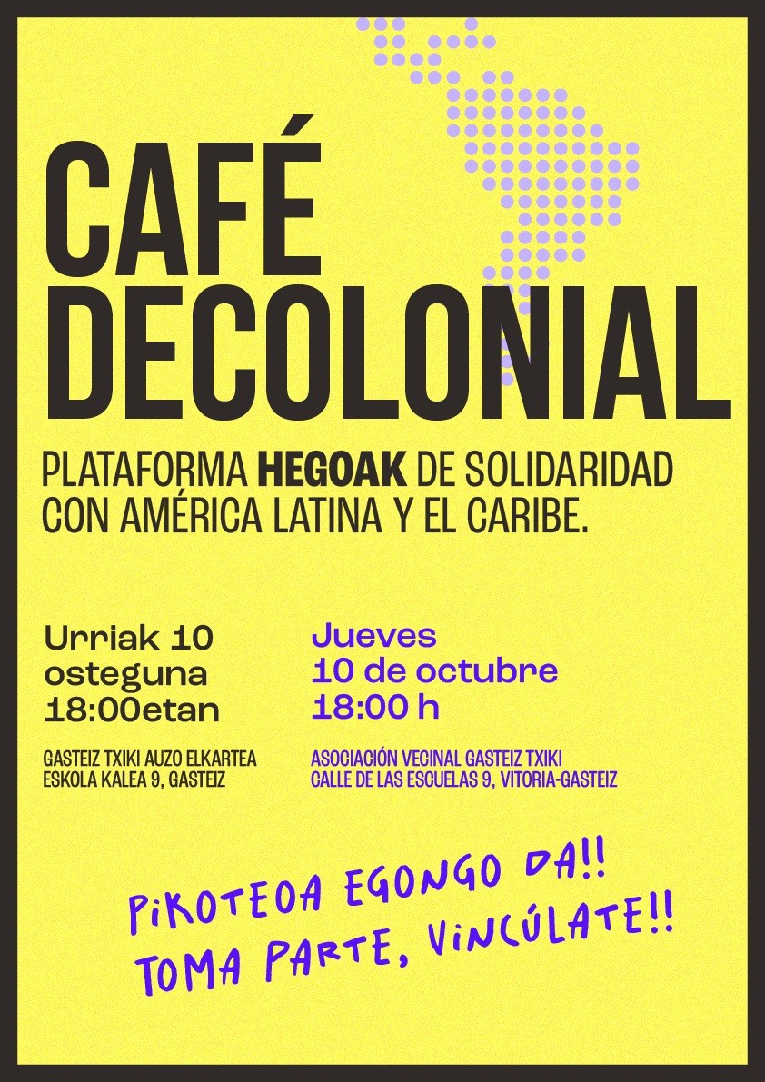 La plataforma Hegoak organizará un "Café decolonial" el jueves