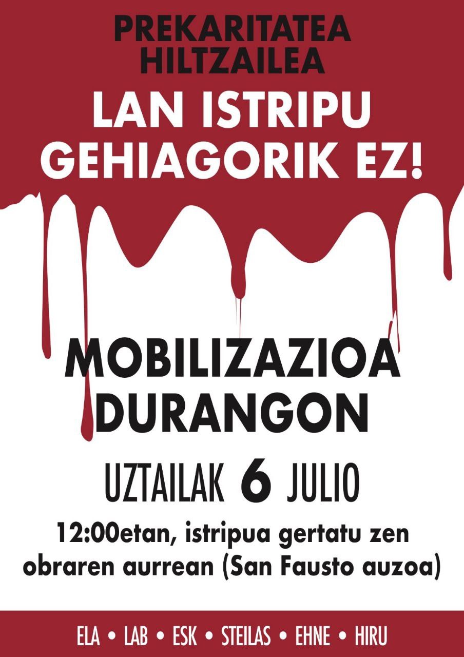 Concentración contra la siniestralidad laboral: 6 julio, 12:00, Barrio San Fausto (Durango)
