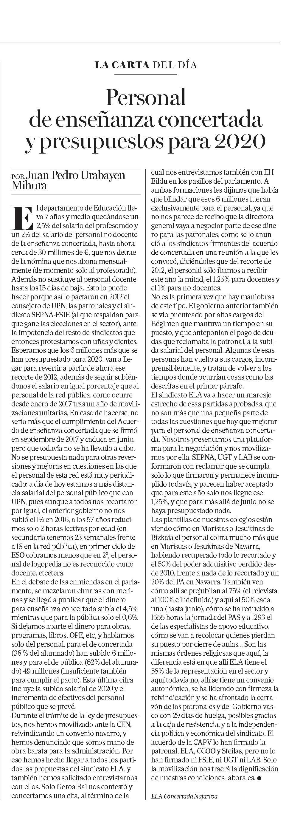 El personal de enseñanza concertada y los presupuestos para 2020