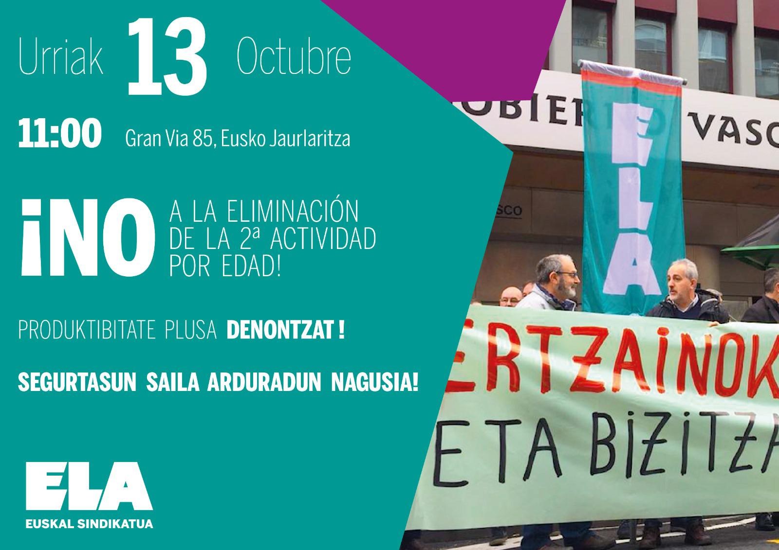 ELA-Ertzaintza se concentrará ante la sede del Gobierno Vasco en Bilbao ante la pretensión del Departamento de Seguridad de eliminar derechos