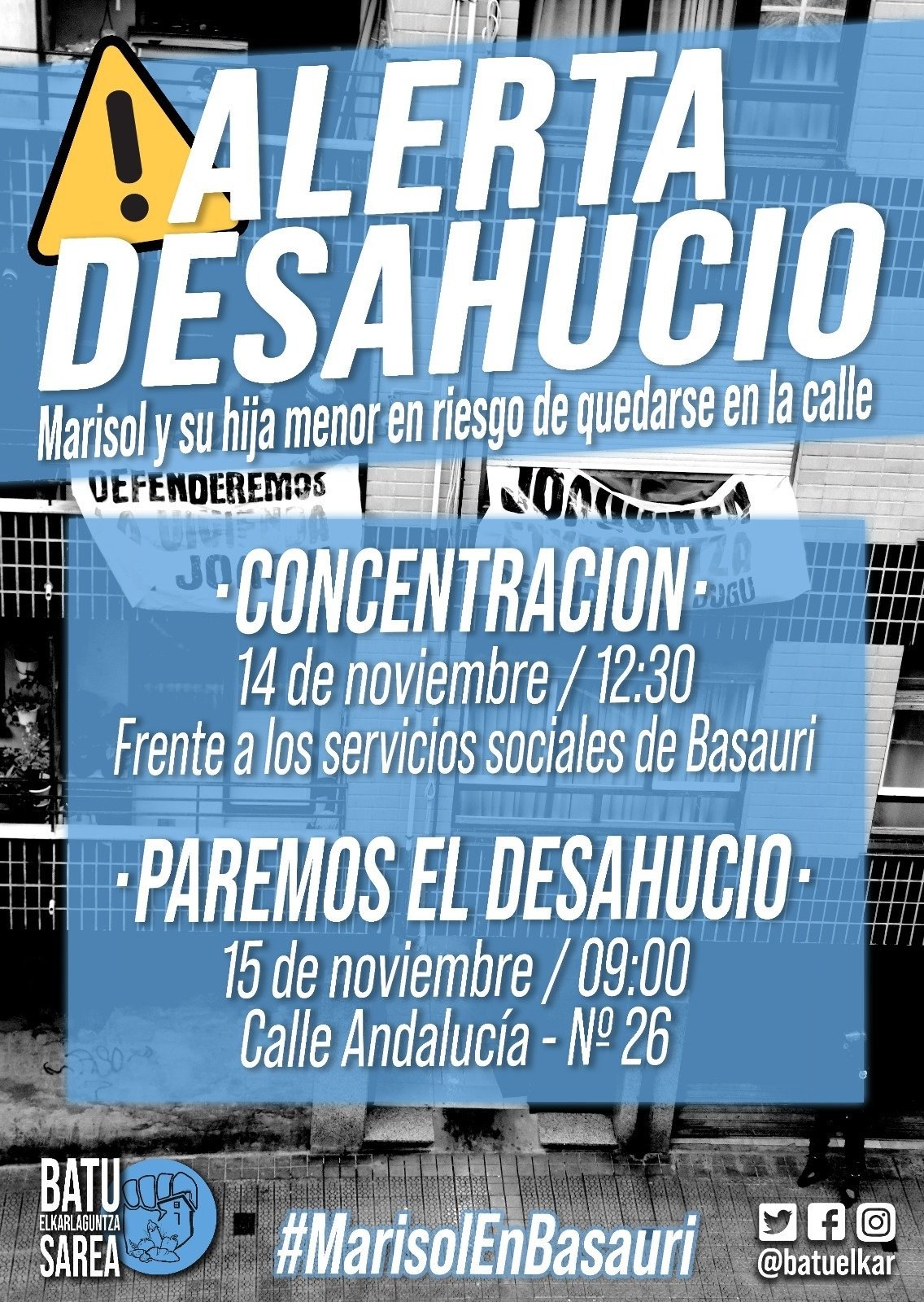 El 15 de noviembre Marisol y su hija menor de edad se enfrentan a un desahucio en Basauri