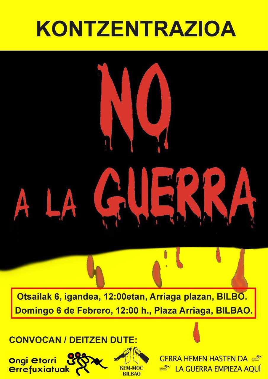 Concentración el 6 de febrero para decir: “No a la guerra” Concentración el 6 de febrero para decir: “No a la guerra”