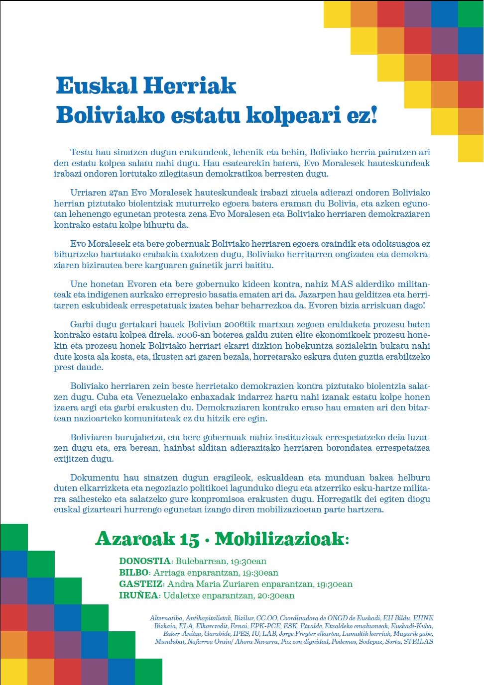 Euskal Herria dice no al golpe de Estado en Bolivia Euskal Herria dice no al golpe de Estado en Bolivia