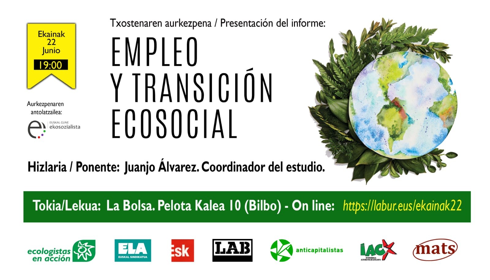 ELA, junto con otras organizaciones sindicales y ecologistas, ha participado en la elaboración del informe "Empleo y Transición Ecosocial"