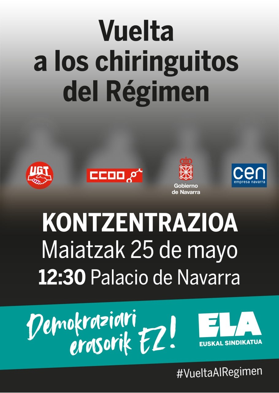 El 25 de mayo, concentración: “El Gobierno de Navarra recupera los criterios antidemocráticos del Régimen para promocionar a UGT y CCOO”