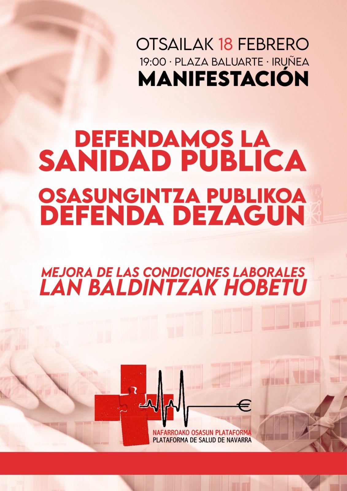 ELA, LAB y CCOO llaman a la manifestación del 18 de febrero en defensa de la sanidad pública de Navarra