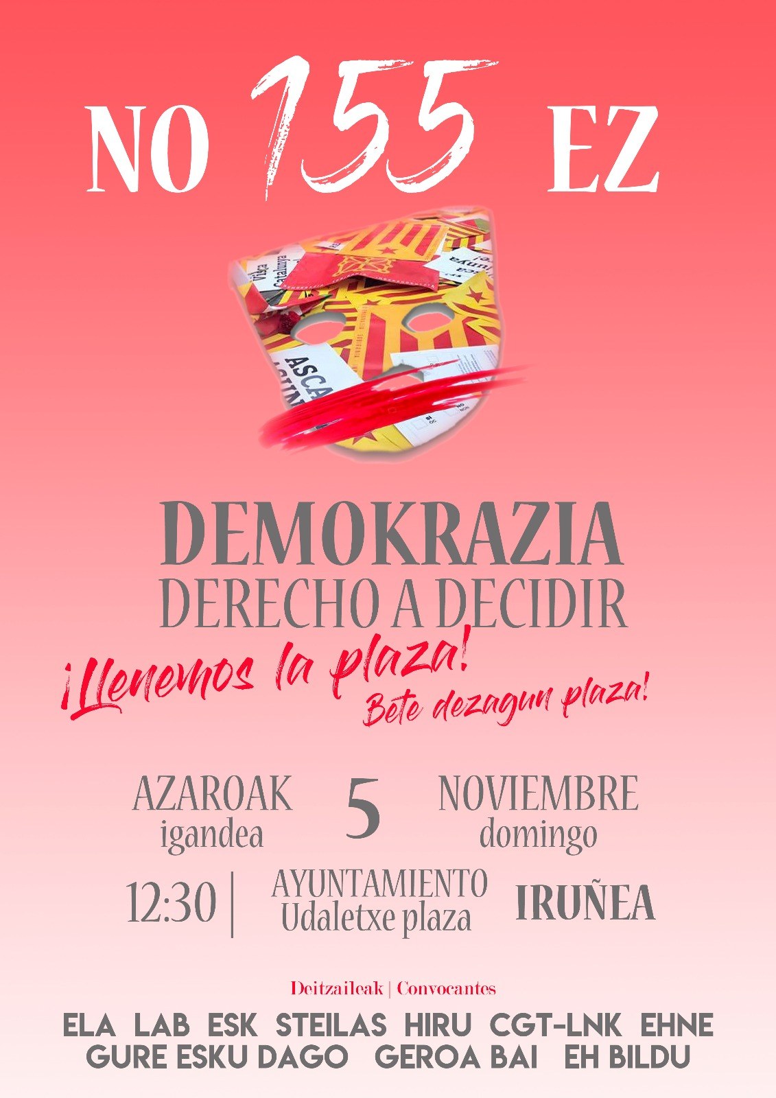 Sindicatos y partidos llaman a concentrarse en Iruñea en solidaridad con Catalunya el próximo domingo