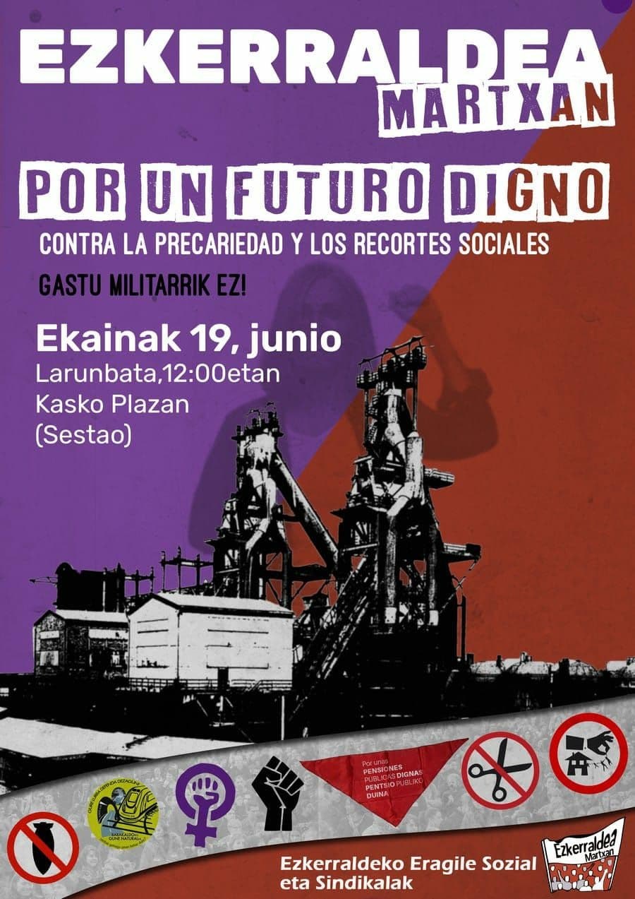 19 de junio, Ezkerraldea: ELA, en marcha contra la precariedad, los recortes sociales y los gastos militares