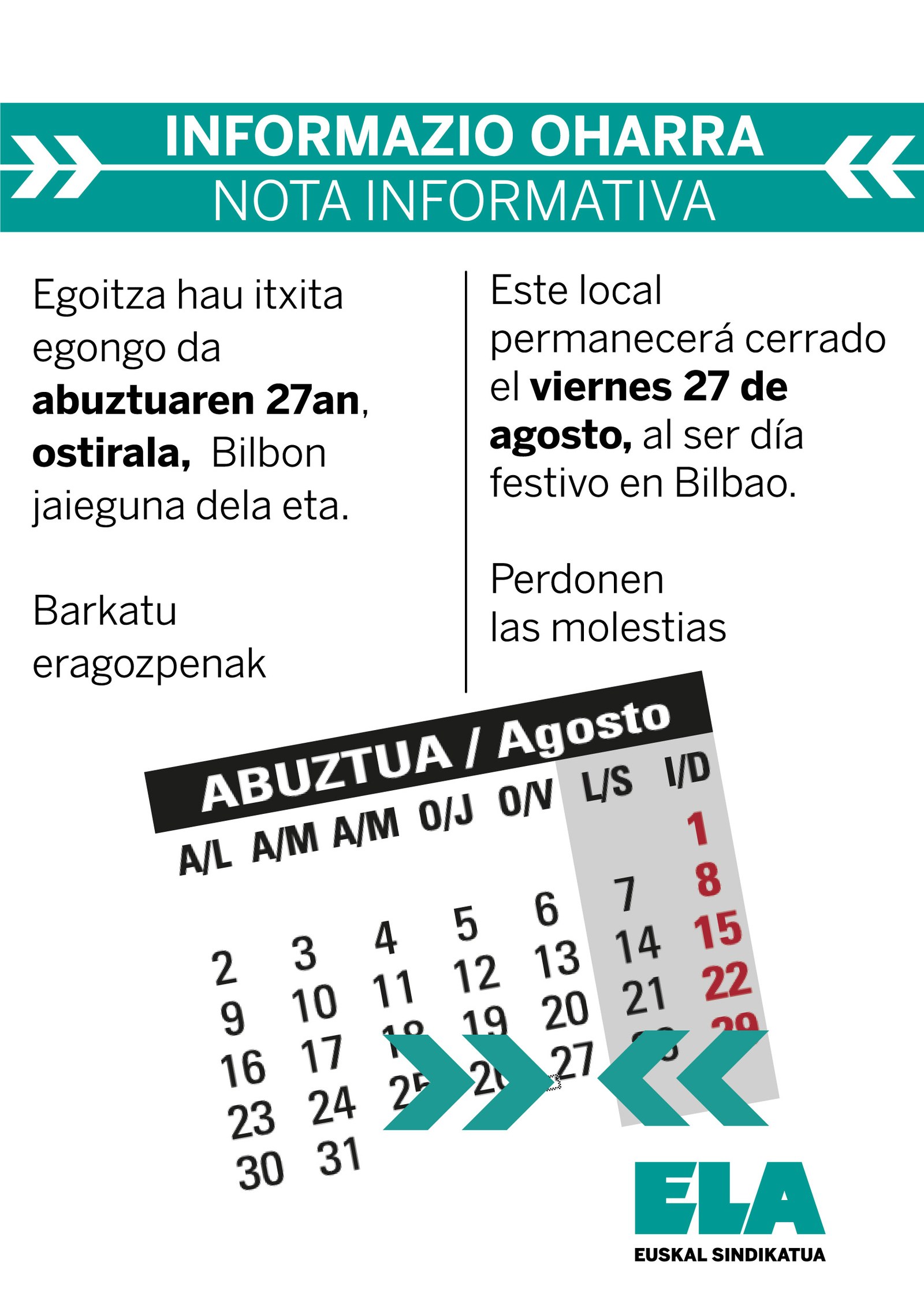 27 de agosto: cierre de la sede de ELA de Bilbao