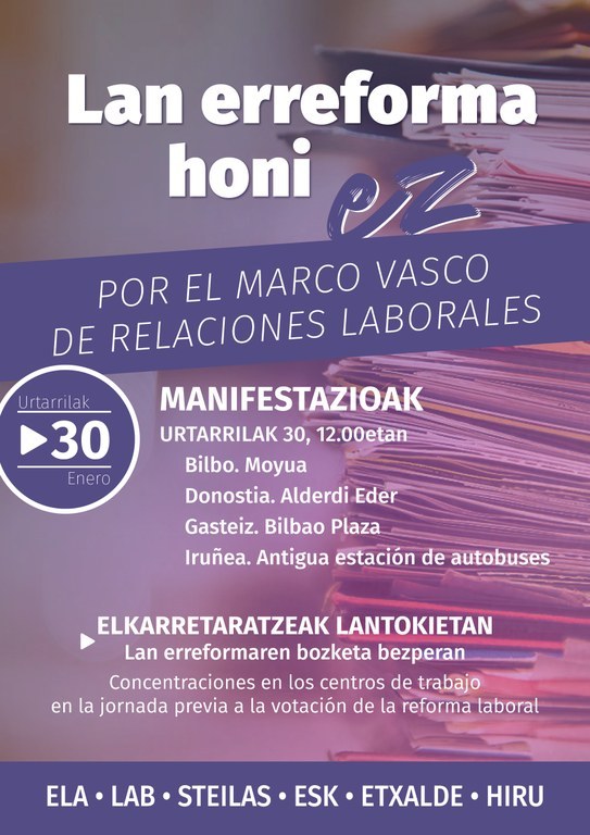 Decenas de colectivos sociales se suman a las movilizaciones convocadas por ELA, LAB, STEILAS, ESK, ETXALDE e HIRU el 30 de enero.