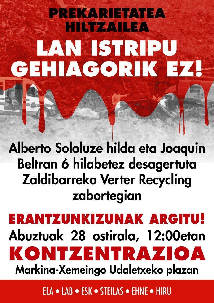 El día 28, concentración para exigir responsabilidades por el accidente de Zaldibar