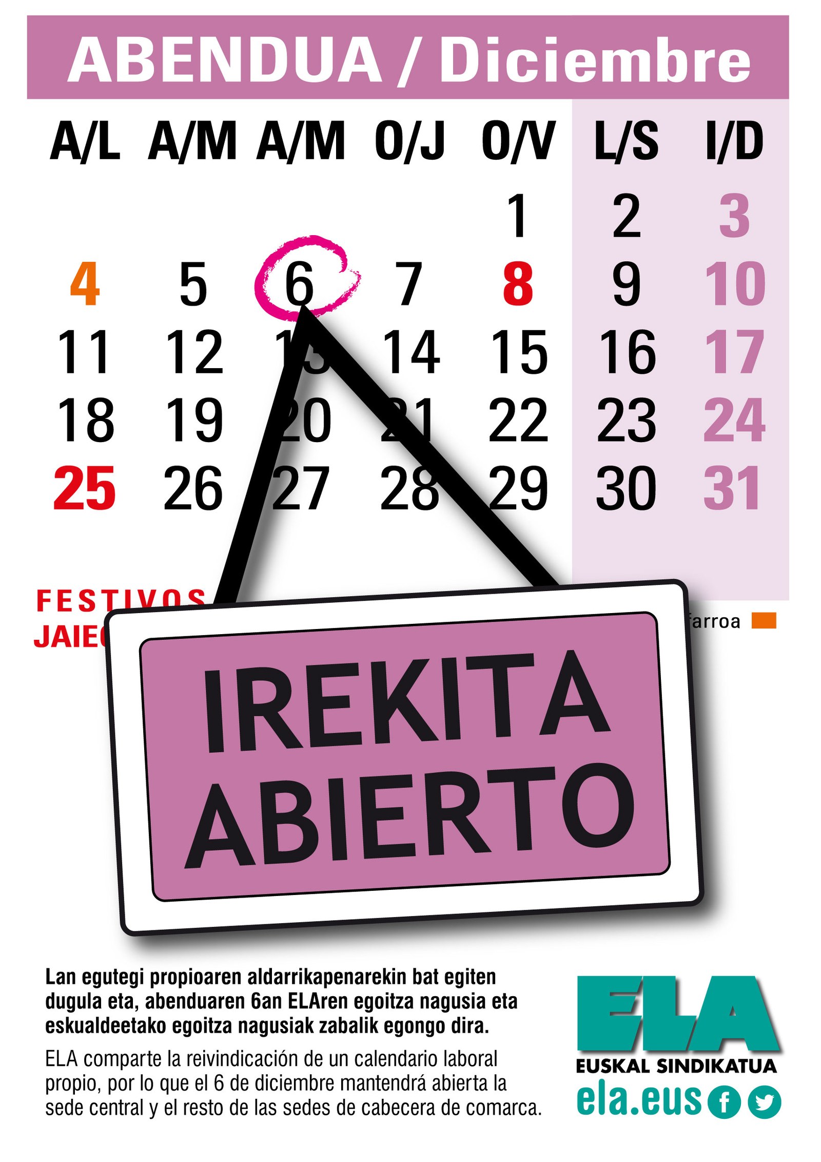 ELA abrirá sus locales el 6 de diciembre