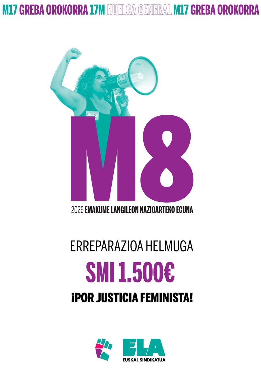 ELA anuncia la celebración de un acto en Donostia con motivo del 8 de marzo