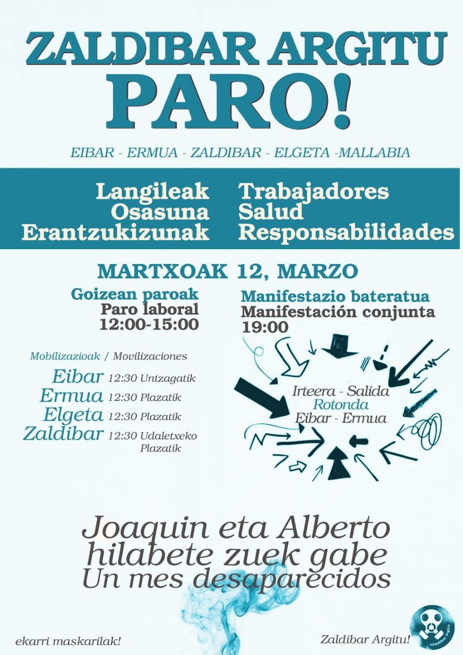 ELA apoya las movilizaciones planteadas para el 12 de marzo por la plataforma Zaldibar Argitu