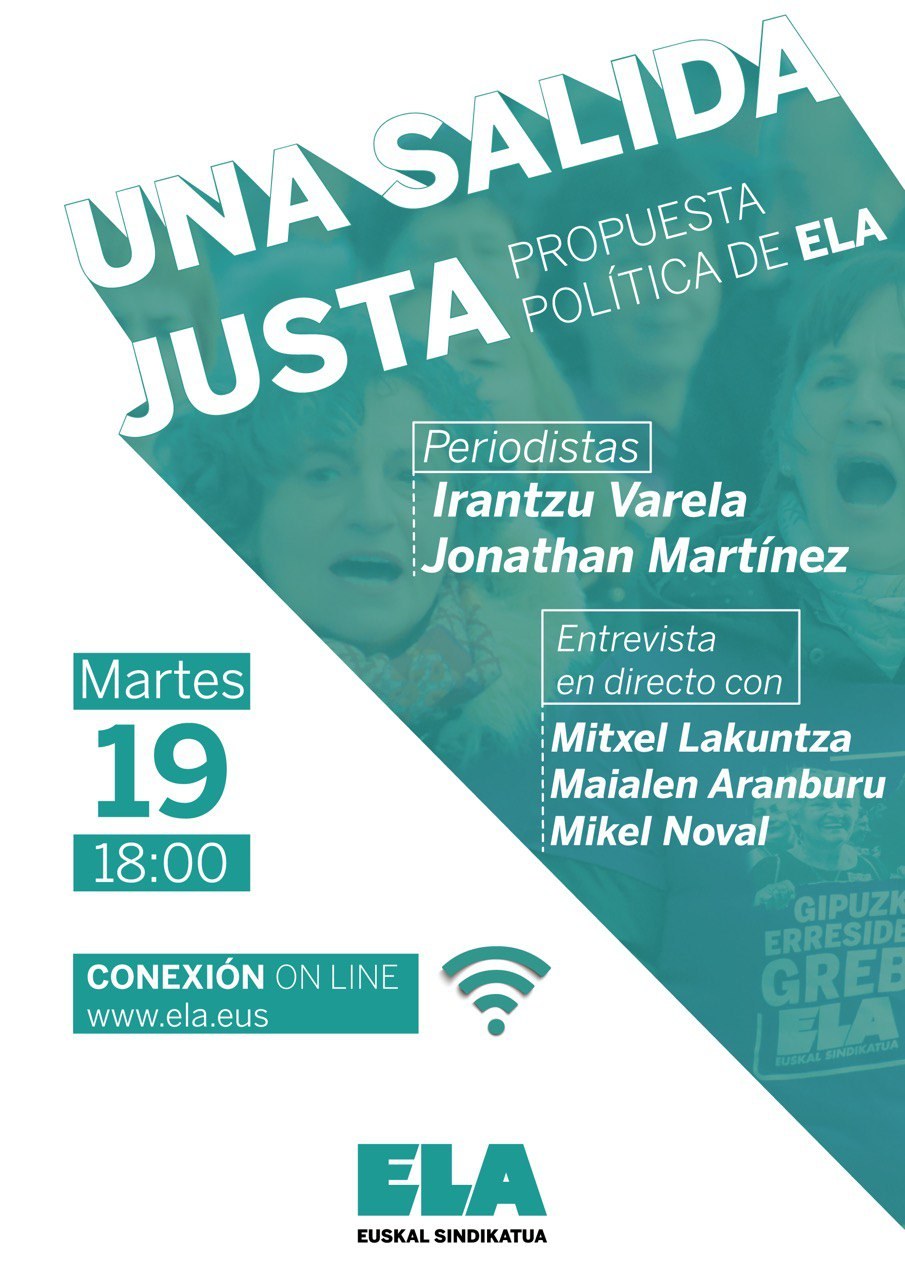 ELA propone para esta tarde en un programa en directo “una salida justa” a la crisis provocada por el coronavirus