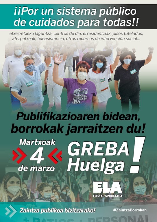 ELA recurrirá la orden de servicios mínimos impuesta por el Gobierno vasco para la huelga de cuidados del 4 de marzo