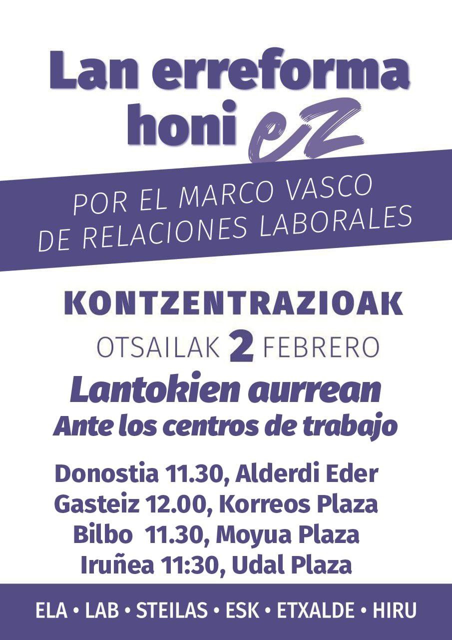 Este 2 de febrero, concentraciones ante los centros de trabajo contra la reforma laboral y en defensa de un marco propio de relaciones laborales