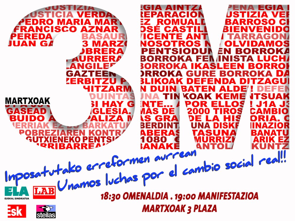 Este 3 de marzo, en Gasteiz, ELA, LAB, ESK y STEILAS reivindican que la lucha sindical sigue viva