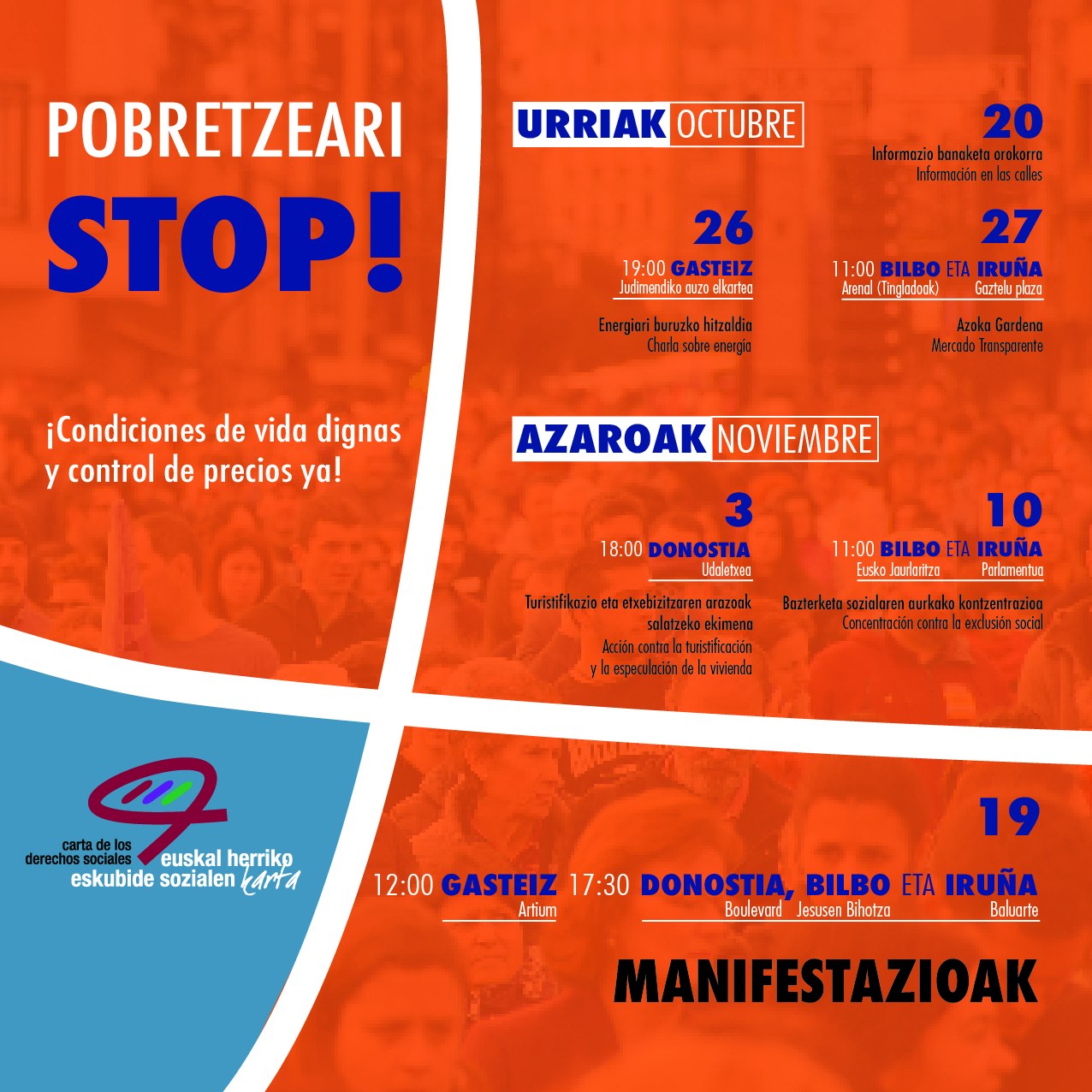 La Carta de Derechos Sociales de Euskal Herria llama a la movilización contra el proceso de empobrecimiento: 19 de noviembre, manifestaciones