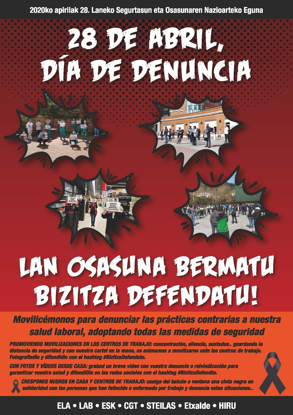 ELA, LAB, ESK, Steilas, Hiru, Etxalde y CGT unen sus fuerzas este 28 de abril: Día de denuncia para exigir garantías para nuestra salud en el trabajo y defender la vida