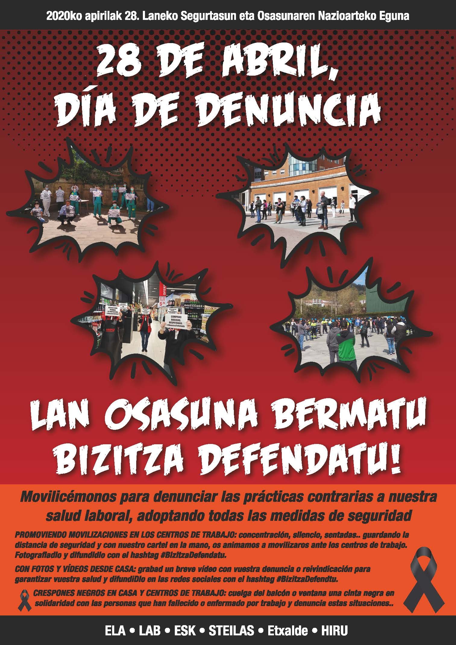 La mayoría sindical vasca une sus fuerzas este 28 de abril: Día de denuncia para exigir garantías para nuestra salud en el trabajo y defender la vida