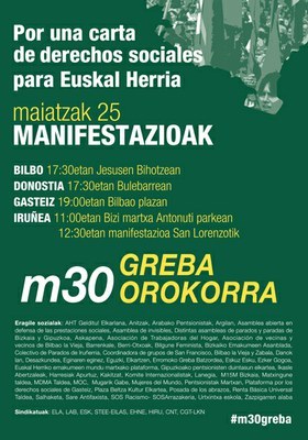 Mañana, 25 de mayo, manifestaciones en Iruñea, Bilbo, Donostia y Gasteiz