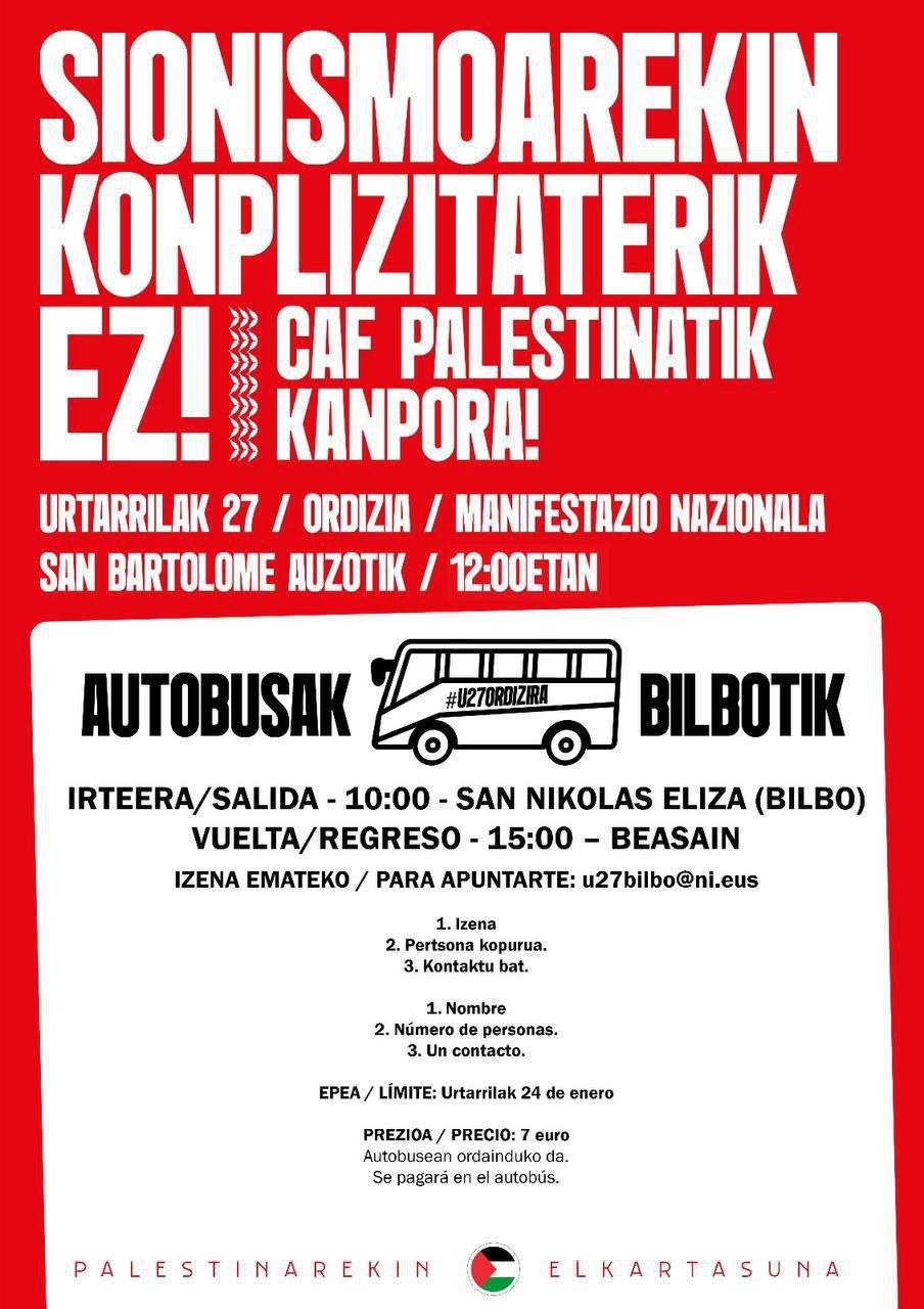 ELA apoya la manifestación convocada en Ordizia para denunciar la colaboración de CAF con el Gobierno de Israel