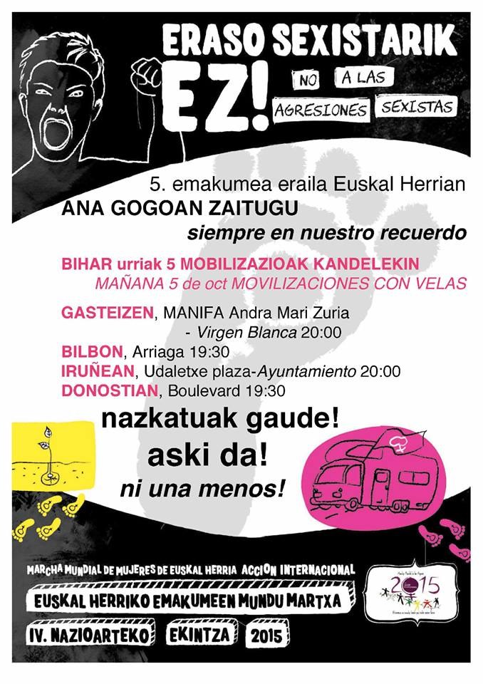 ELA llama a participar en las manifestaciones que la Marcha Mundial de las Mujeres de Euskal Herria ha convocado para denunciar el último asesinato machista