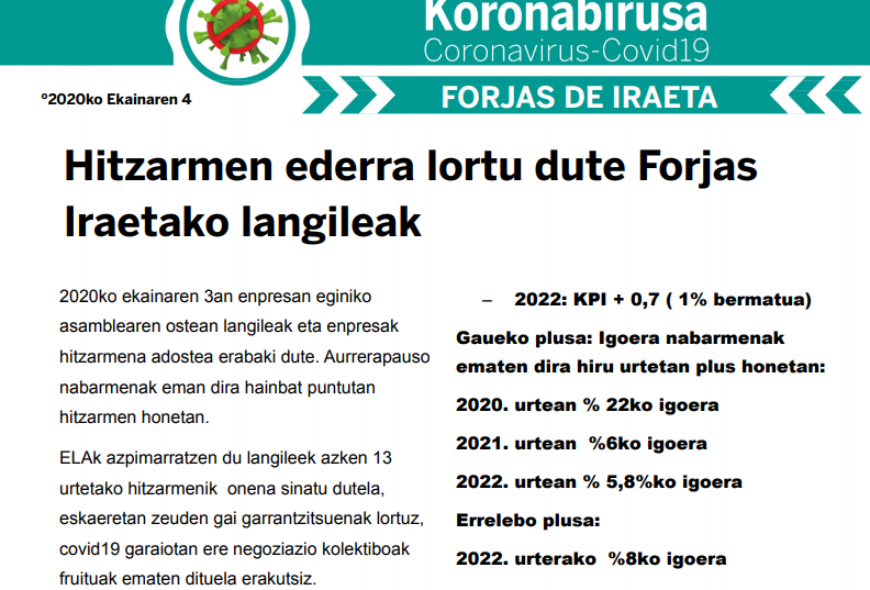 El convenio firmado en Forjas de Iraeta (Zestoa) recoge importantes subidas salariales