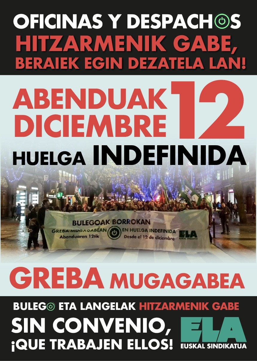 El Gobierno vasco pretende fijar los servicios mínimos para la huelga de Oficinas y Despachos sin reunirse previamente con el comité de huelga