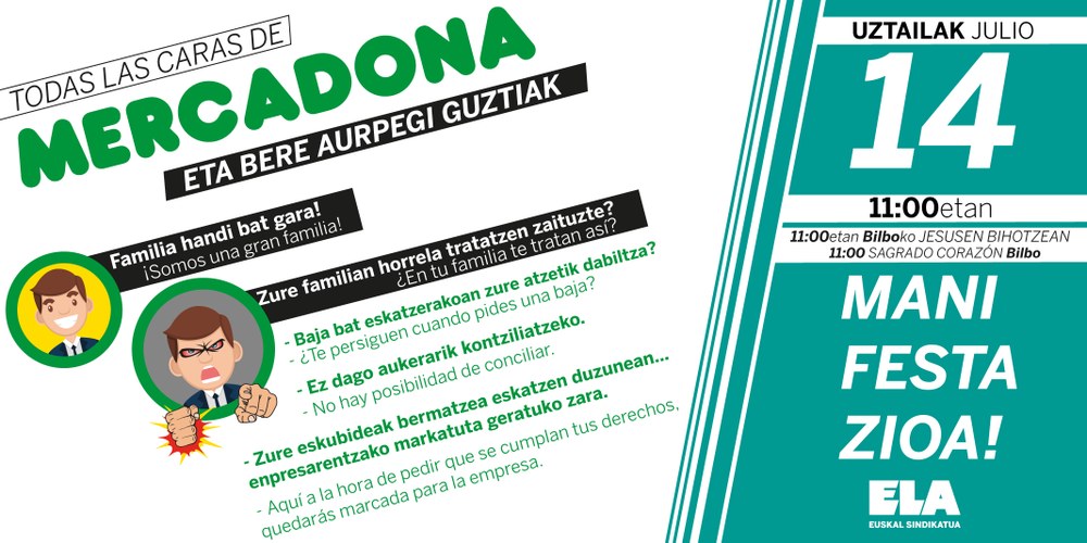 ELA llama a movilizarse el 14 de julio contra Mercadona por atentar contra la salud y la integridad física de su plantilla