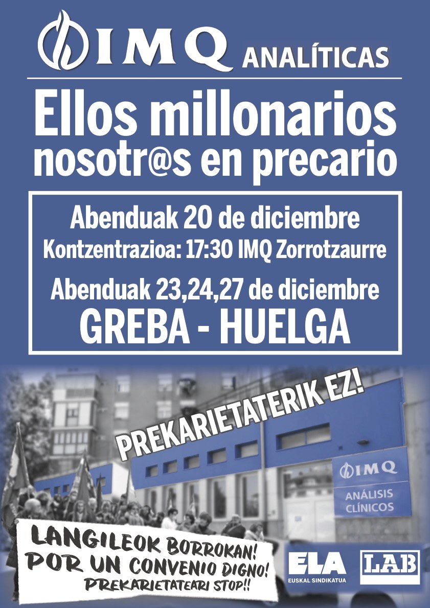 Abenduaren 23, 24 eta 27an, greba IMQ Analisi Klinikoetan, enpresa-hitzarmena defendatzeko