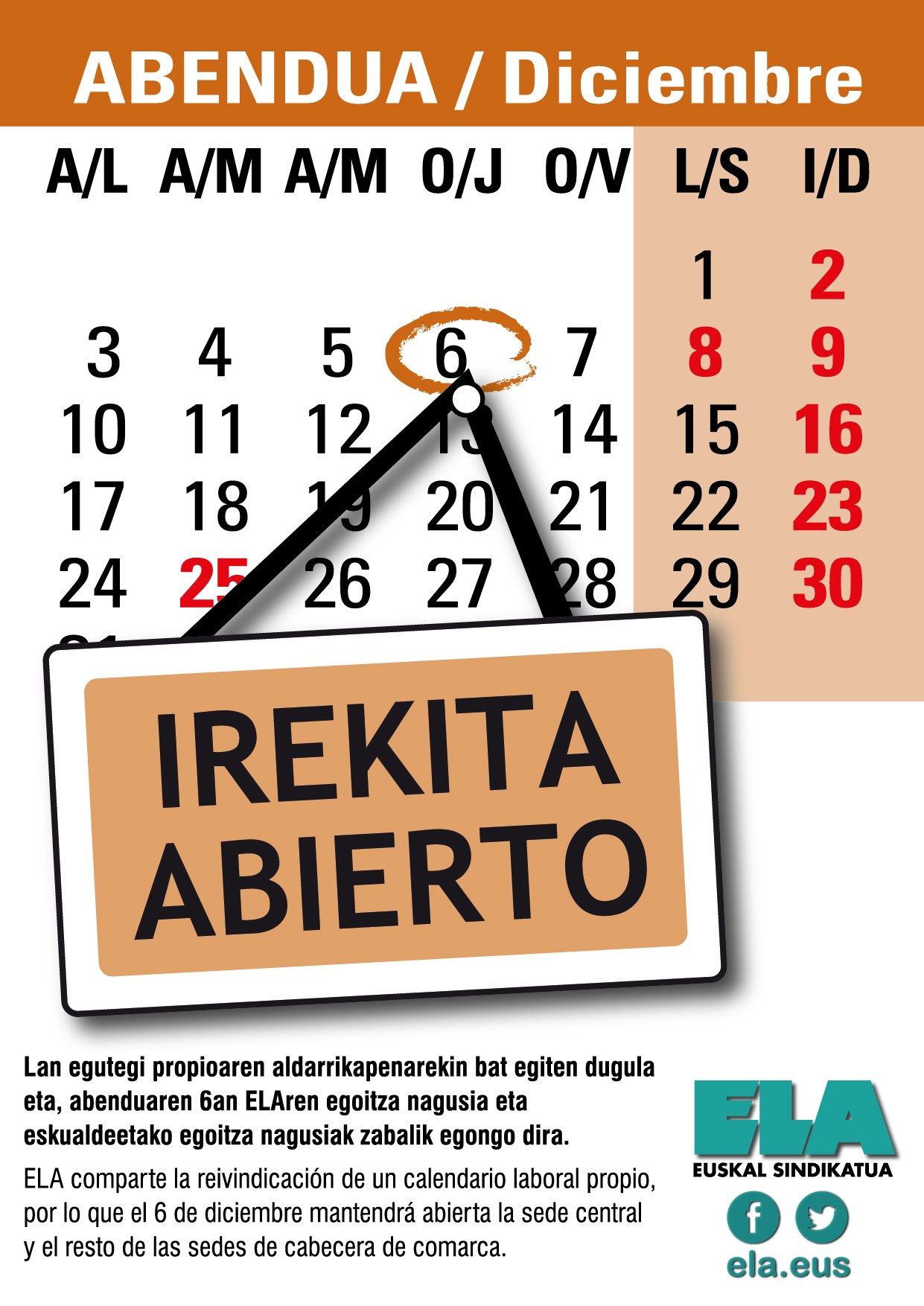 Abenduaren 6an ELAren egoitzak irekita egongo dira