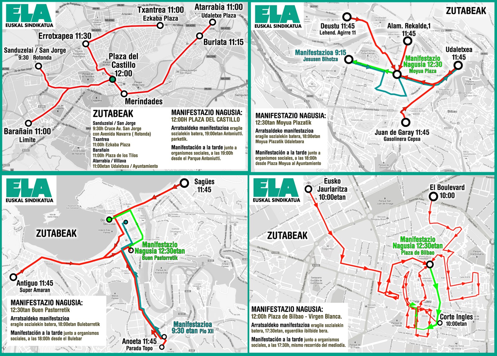 Eguerdian manifestazioak Bilbo, Gasteiz, Iruñea eta Donostian