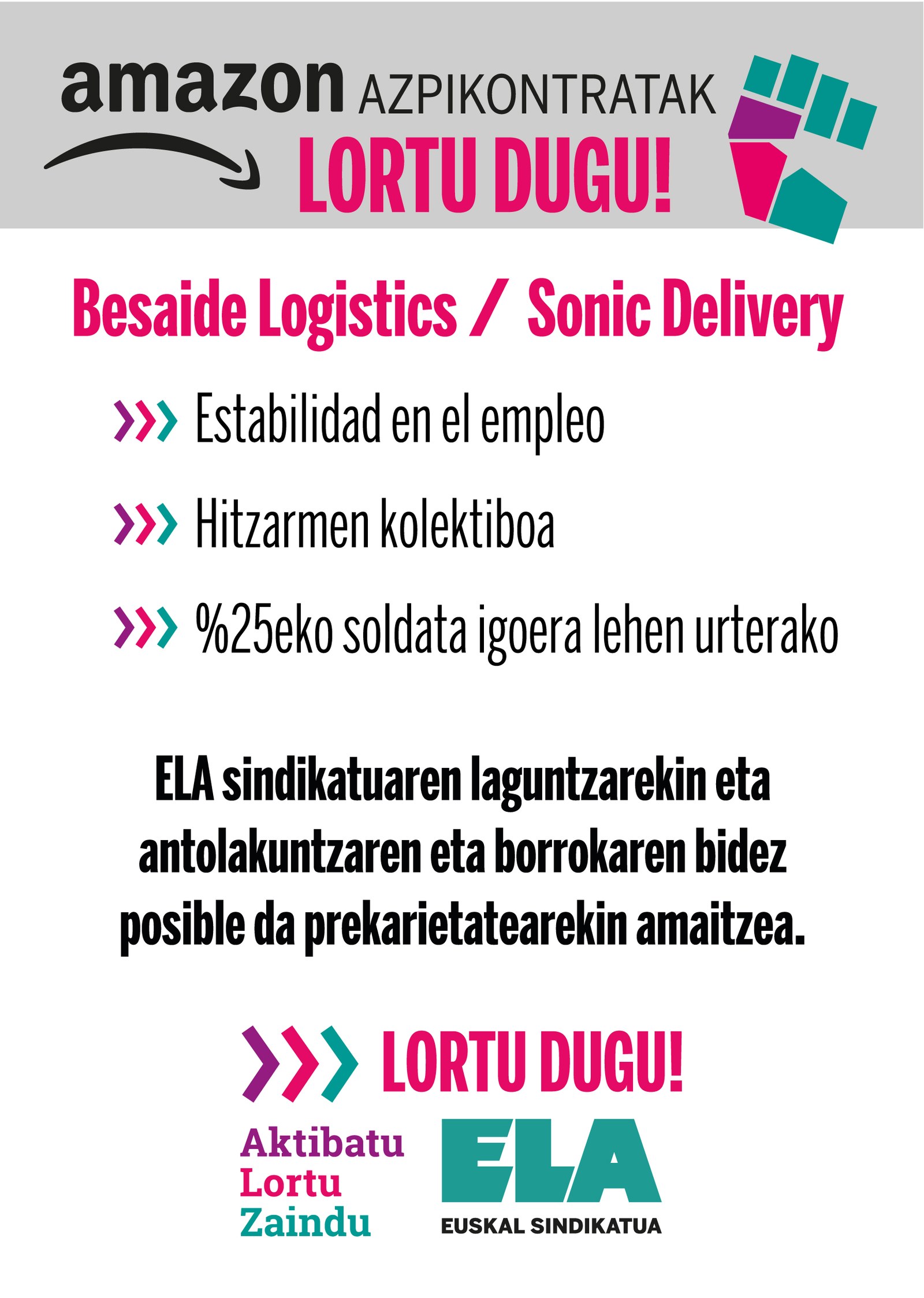 ELAk Amazonen kontratazio eredu prekarioari aurre egin dio eta lortu du bi azpikontratetan  enpleguari eustea ELAk Amazonen kontratazio eredu prekarioari aurre egin dio eta lortu du bi azpikontratetan  enpleguari eustea