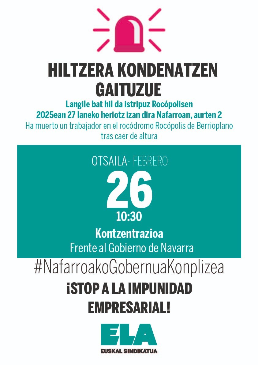 ELAk Berriobeitiko Rocópolis rokodromoan izandako laneko heriotza gaitzesten du