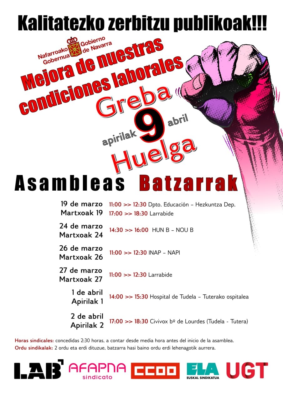 Mahai Orokorreko sindikatuek greba deitu dute Administrazio osoan apirilaren 9an Mahai Orokorreko sindikatuek greba deitu dute Administrazio osoan apirilaren 9an