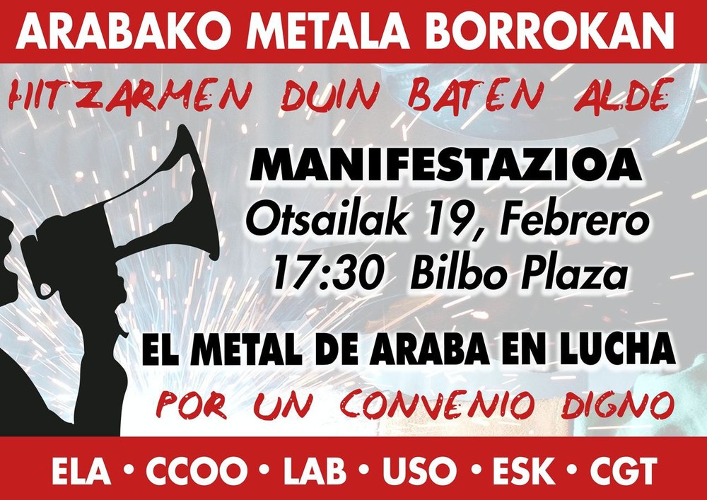 Otsailaren 19an, manifestazioa egingo dute Arabako metalgintzako hitzarmen sektorialaren alde