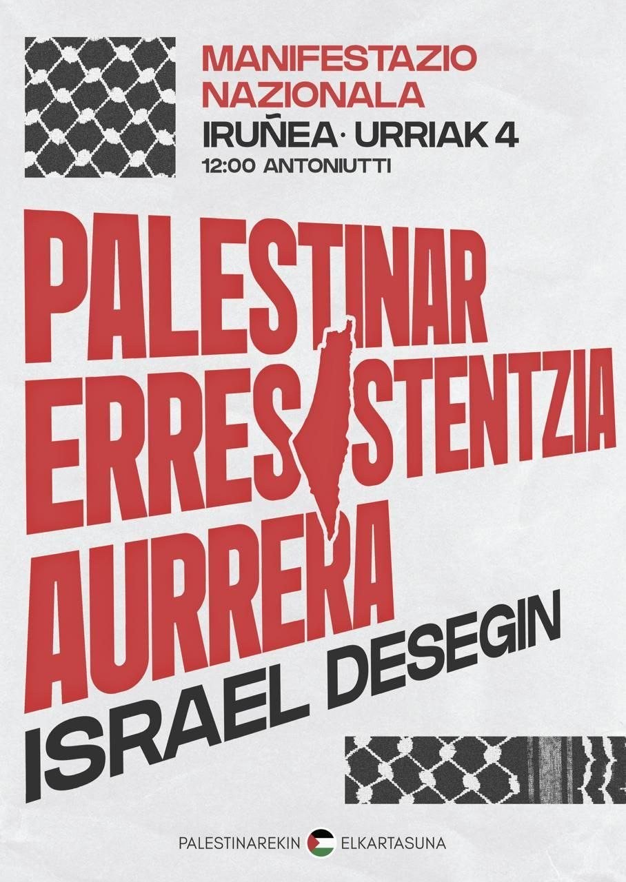 Palestinarekin Elkartasuna taldeak bihar deitutako manifestazioan parte hartzeko deia egin du ELAk