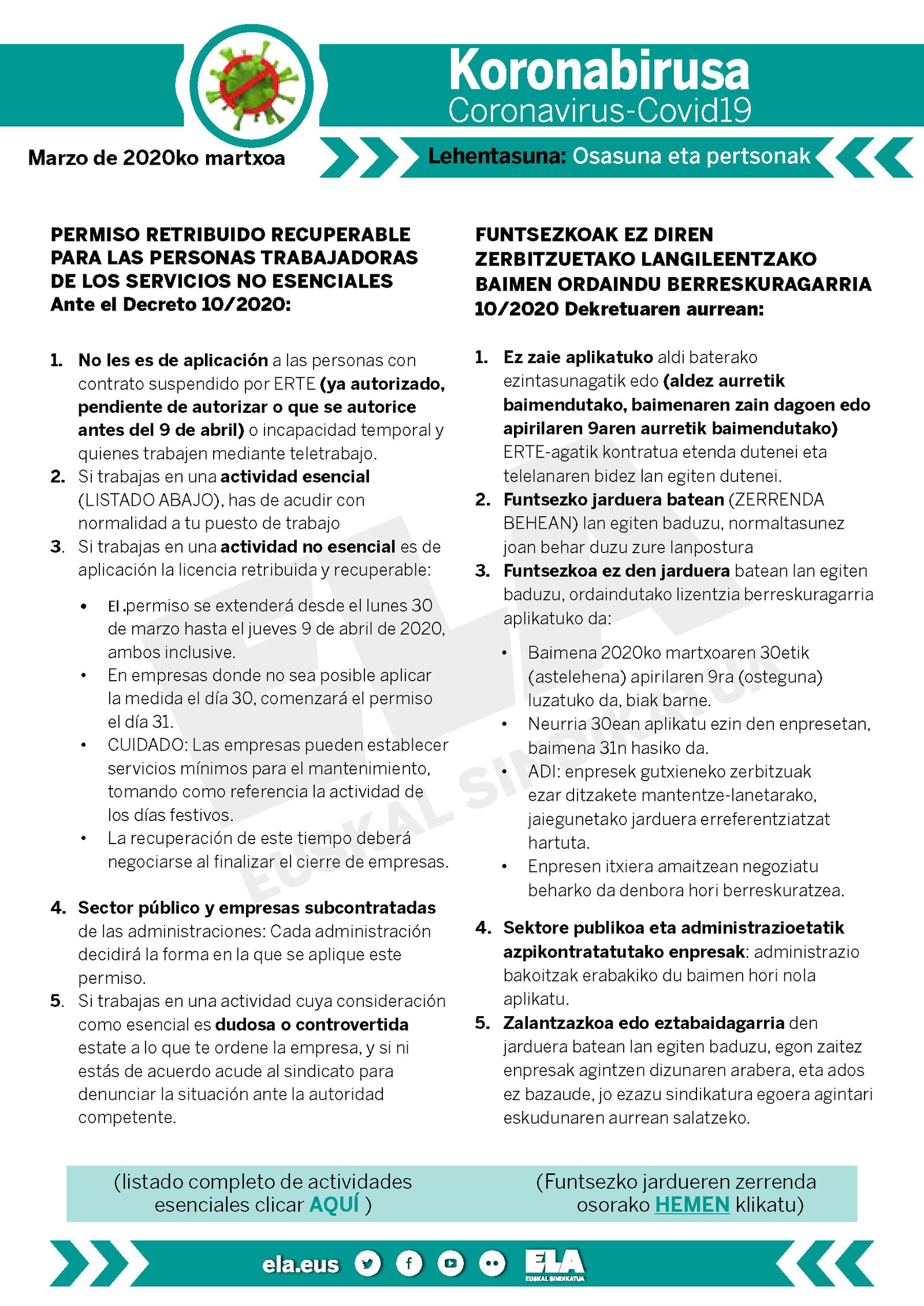 Langileentzako argibideak oinarrizkoak ez diren lanen etetea agindu duen Dekretuaren aurrean