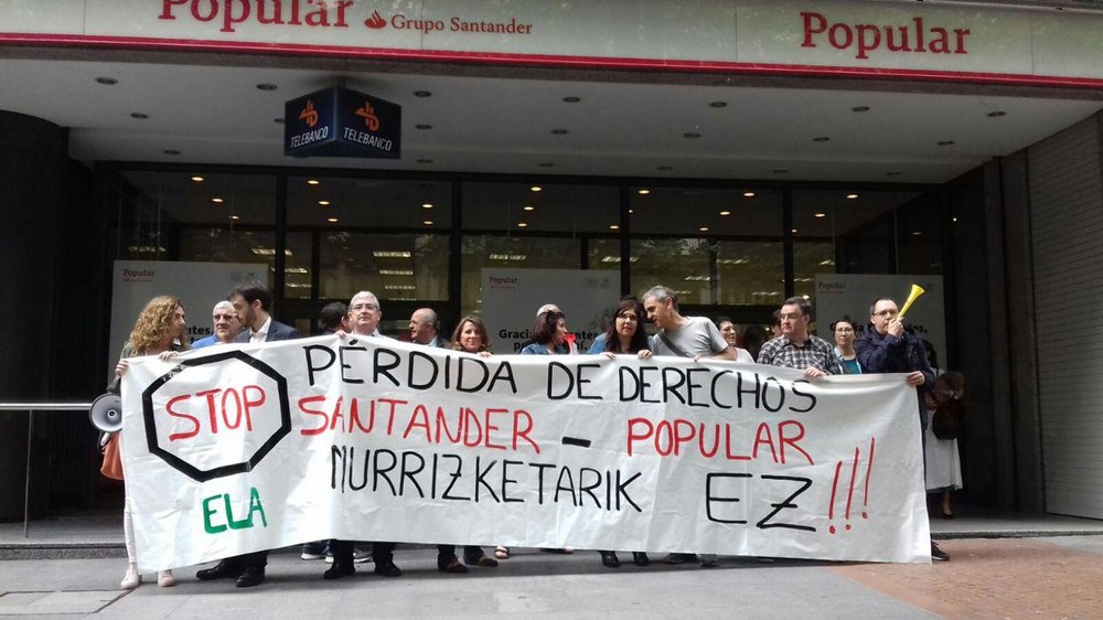 Banco Santander, Banco Popular eta Banco Pastor-eko langileak lanaldi etena inposatuko duen akordioaren aurka