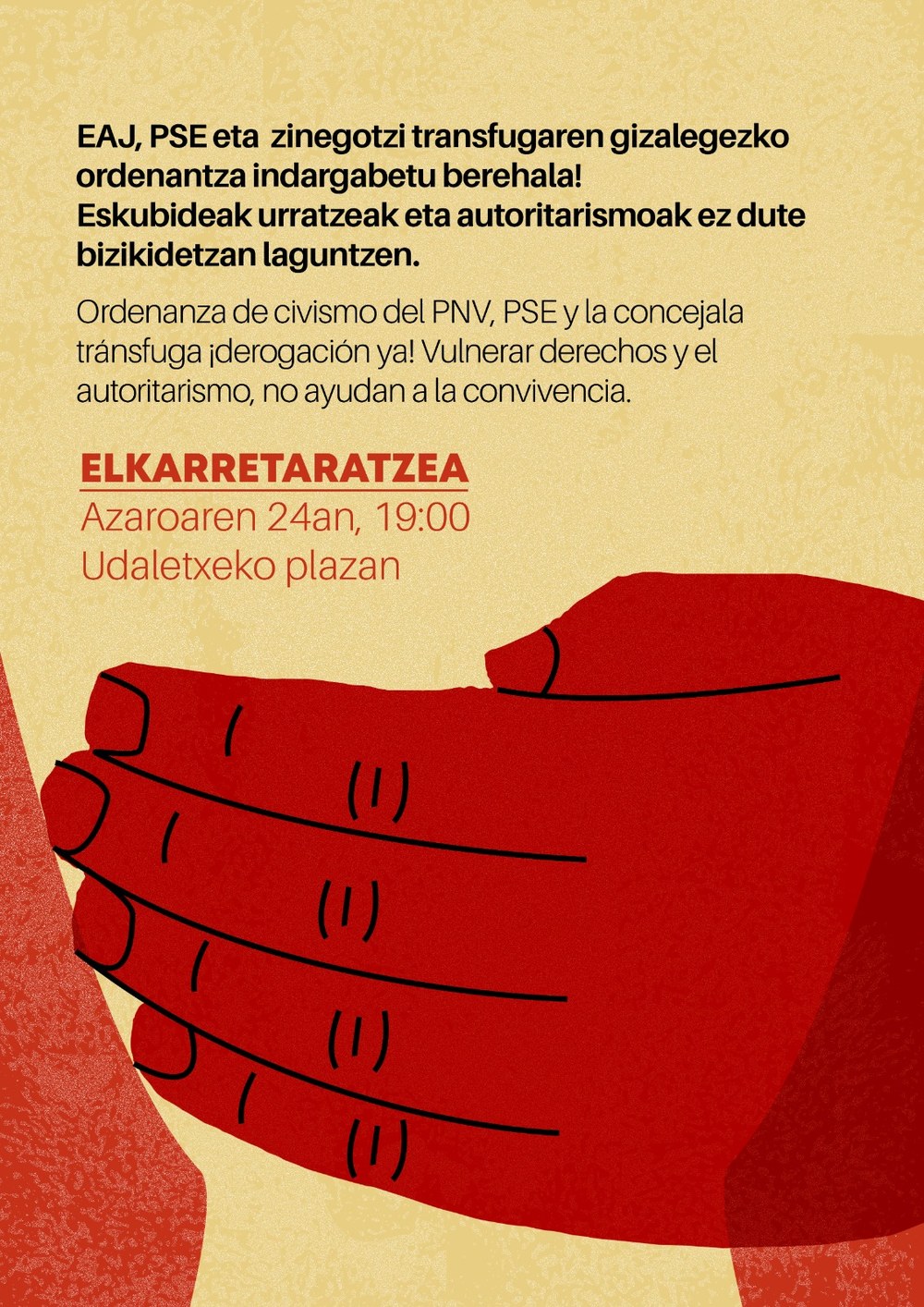 Sopelako ordenantzak adierazpen askatasunereko eskubidea urratzen duela salatuko dute bihar