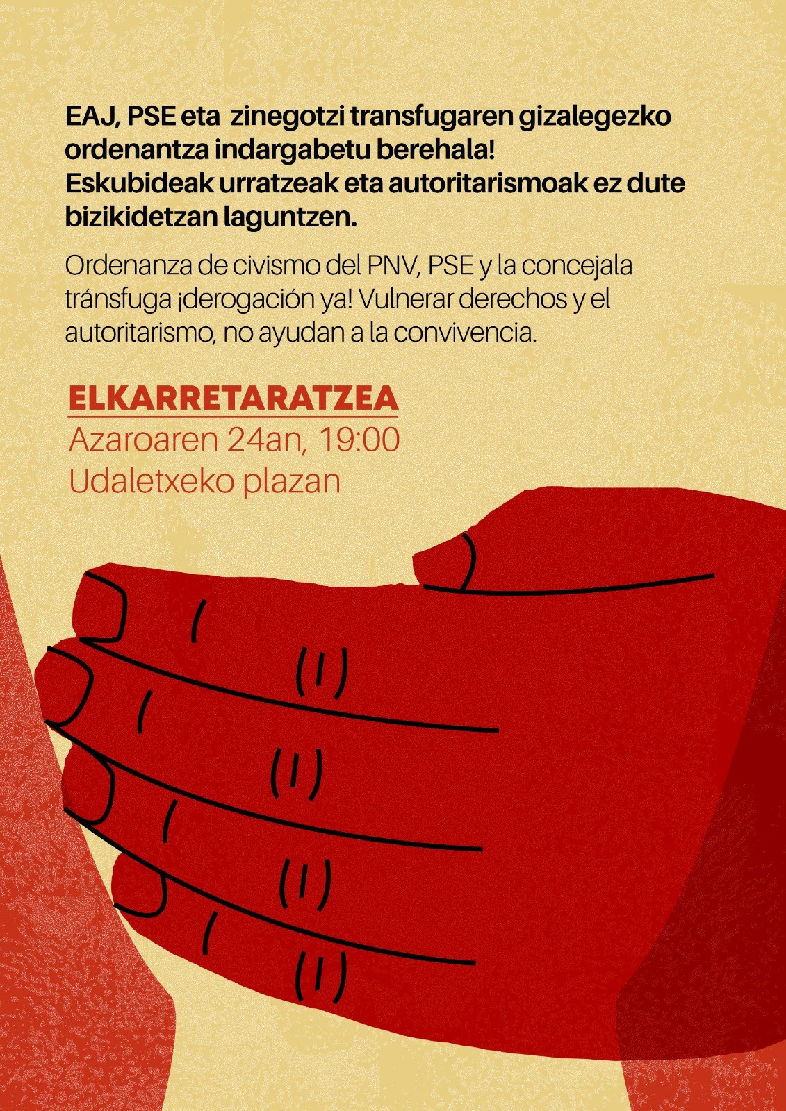 Sopelako ordenantzak adierazpen askatasunereko eskubidea urratzen duela salatuko dute bihar Sopelako ordenantzak adierazpen askatasunereko eskubidea urratzen duela salatuko dute bihar