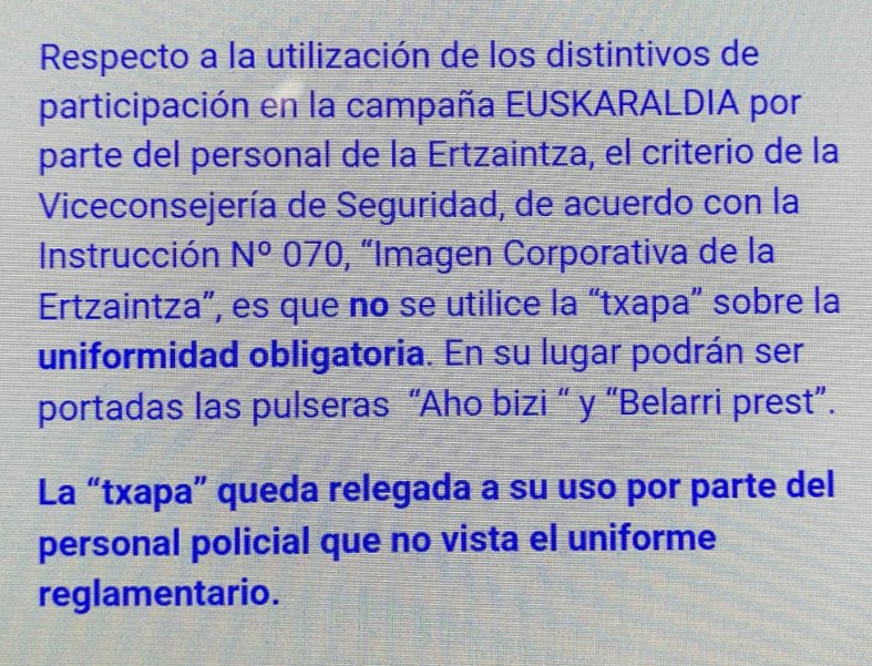 Segurtasun Sailak ertzainei Ahobizi eta Belarriprest "Txapak"  jartzea debekatu die