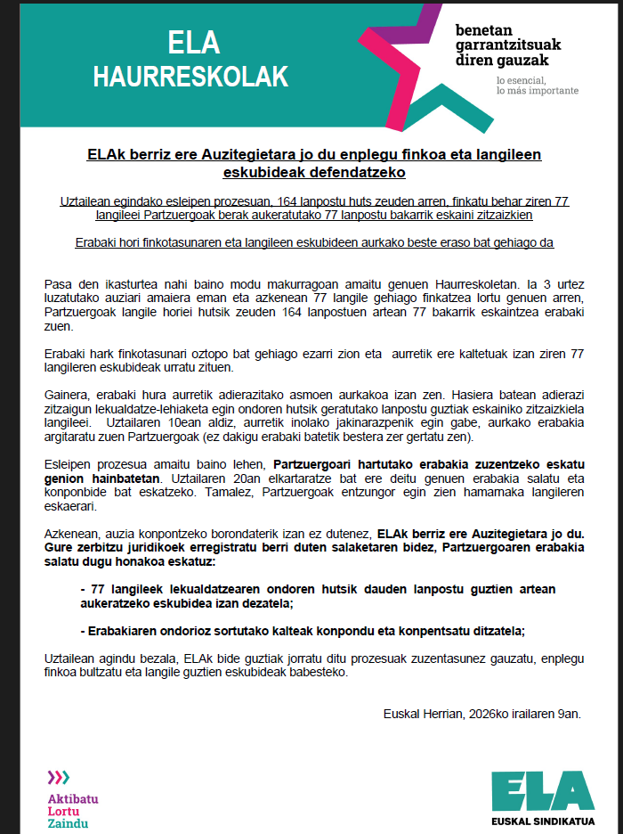 ELAk berriz ere Auzitegietara jo du enplegu finkoa eta langileen eskubideak defendatzeko