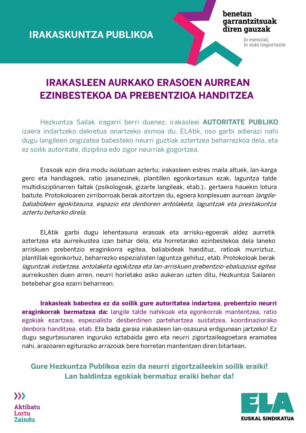 Irakasleen aurkako erasoen aurrean ezinbestekoa da prebentzioa handitzea