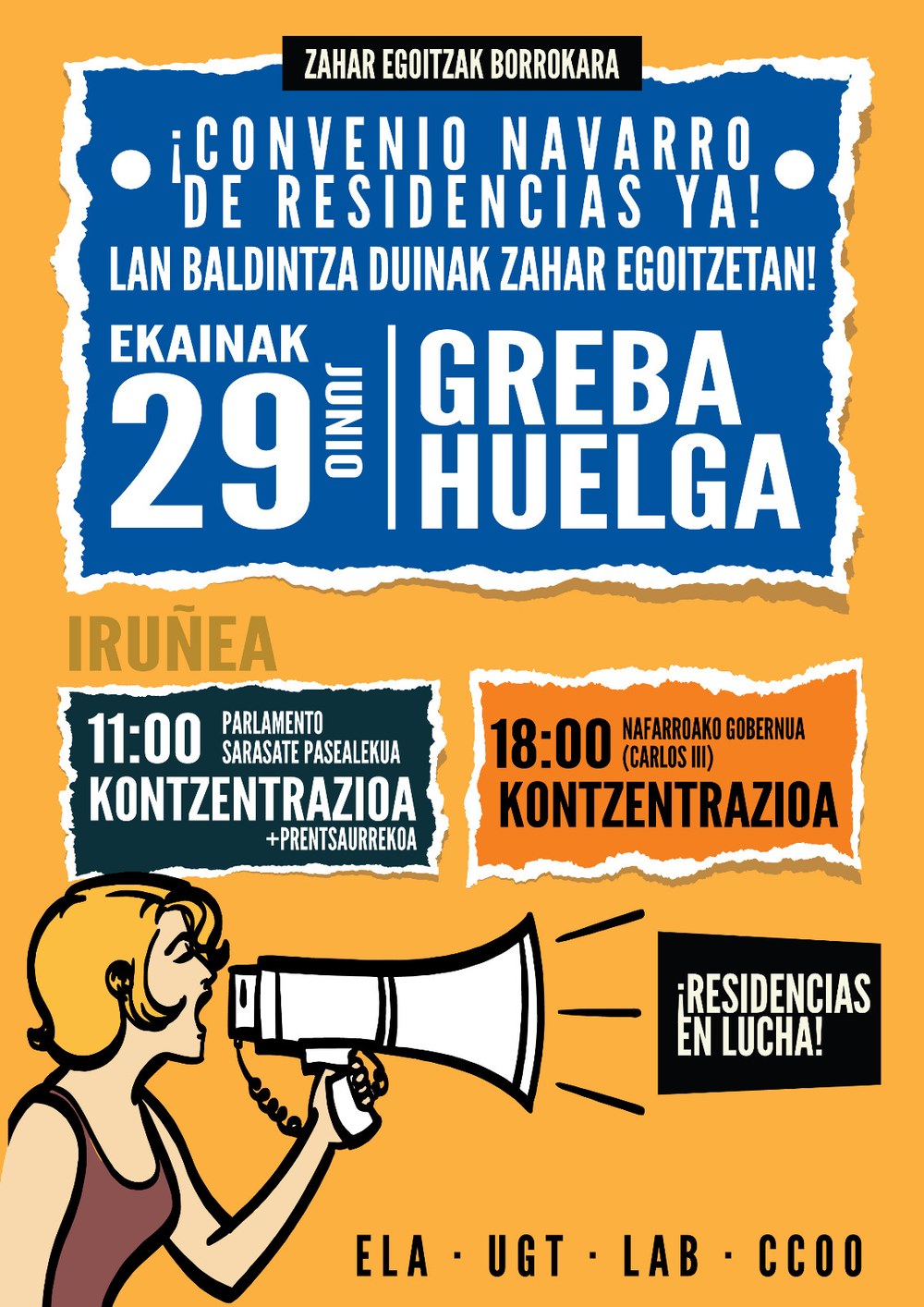 Ekainaren 29an beste greba egun bat egingo da Nafarroako Egoitzen Hitzarmenaren negoziazioa desblokeatzeko