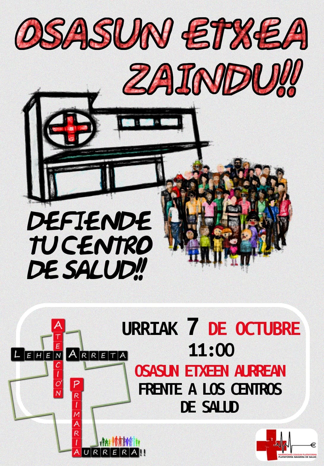 ELAk Nafarroako Osasun Plataformak deituta urriaren 	7an osasun zentroen aurrean egingo diren elkarretaratzeetan parte hartzeko deia egin du