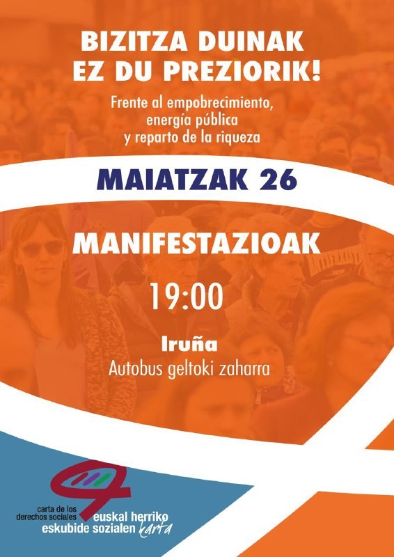 Karta Sozialak maiatzaren 26ko mobilizazioa egingo du Iruñean, soldatak, pentsioak eta gizarte prestazioak defendatzeko