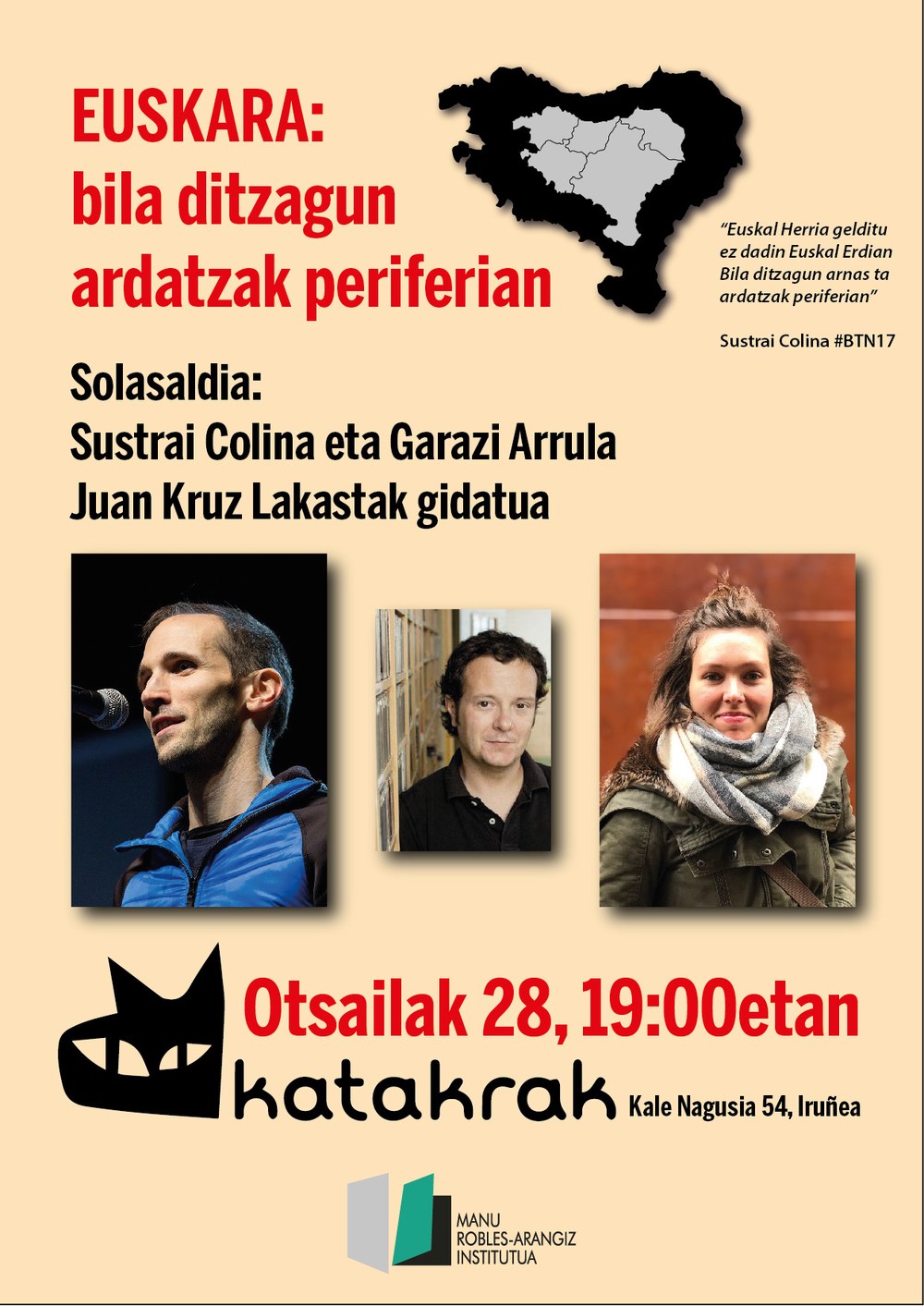 Sustrai Colina bertsolaria eta Garazi Arrula idazlearen arteko solasaldia, otsailaren 28an Iruñeko Katakraken